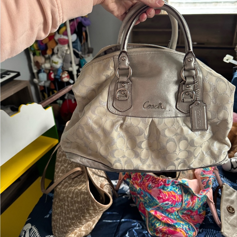 Coach Beige and Taupe Signature Satchel